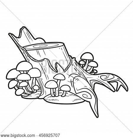 Old Rickety Stump With Toadstools And Moss Linear Drawing For Coloring Isolated On White Background