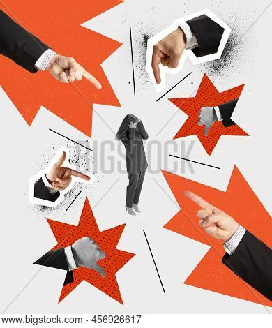 Contemporary Art Collage. Conceptual Image. Many Hands Showing Dislike Gesture At Despair Woman. Cri