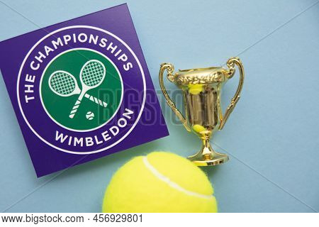 London, Uk - June 2022: Wimbledon Tennis Championships Logo With Gold Trophy And Tennis Ball