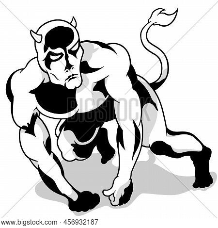 Drawing Of A Muscular Devil On All Fours - Cartoon Illustration Isolated On White Background, Vector