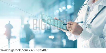 Medicine Doctor And Stethoscope Touching Icon Medical Network Connection With Modern Interface On Di
