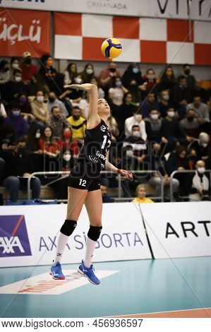 Istanbul, Turkey - January 09, 2022: Elif Sahin Serves During Eczacibasi Vs Nilufer Belediyespor Tur
