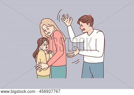 Mother Protect Child From Aggressive Father. Woman Hide Kid From Authoritarian Husband. Family Confl
