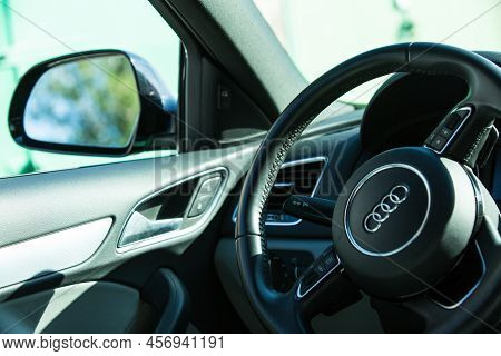 Audi Q3 In Black. Subcompact Luxury Crossover Audi Q3. Close-up Of Multifunction Steering Wheel With