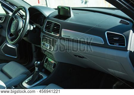 Audi Q3 In Black. Subcompact Luxury Crossover Audi Q3. Close-up Of Multifunction Steering Wheel With