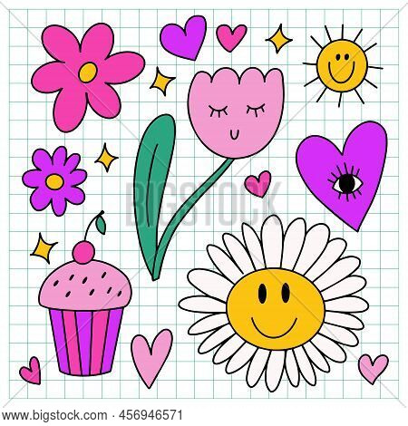 Y2k Doodle Clip Art Elements Set. Outlined Bright Colorful Design Elements - Smiling Flower, Hearts,