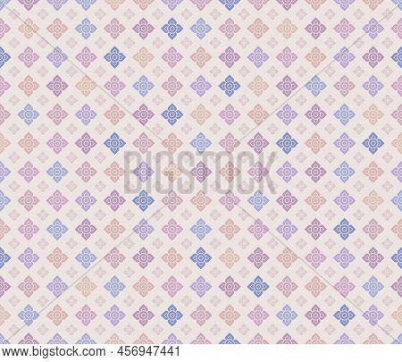 Seamless Modern Thai Art Pattern. Large And Small Square Flowers In Pastel Colors Cream Colored Back