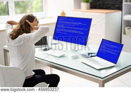 Blue Bsod Error At Computer. Malware Attack