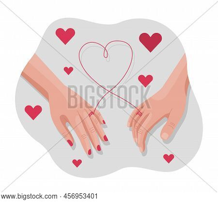 Binding With Red Thread. Male And Female Hand, Metaphor For Love And Romantic Relationships. Couple 