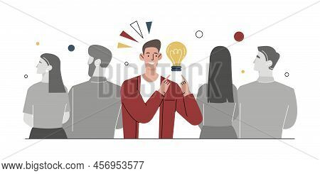 Think Different Concept. Man With Idea Stands Out From Grey Crowd, Creative Person And Genius With I