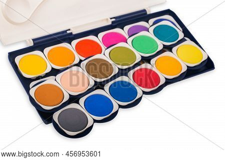 New Paintbox With Set Of Watercolors Isolated Over White Background.