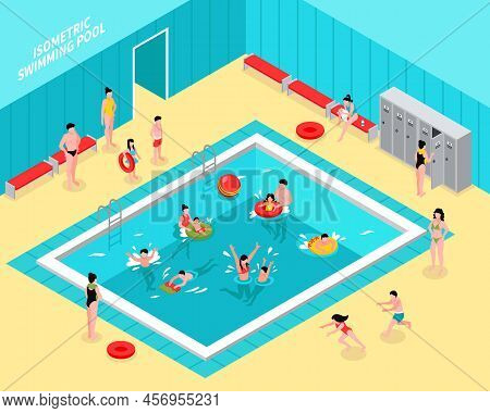 Isometric Swimming Pool Composition With Natatorium Hall Interior And Figures Of Children With Paren