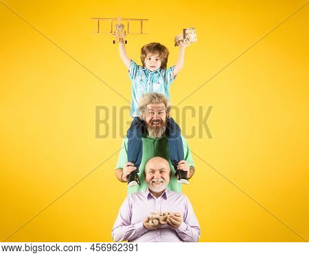Fathers Day Concept. Three Different Generations Ages Grandfather Father And Child Son Playing With 