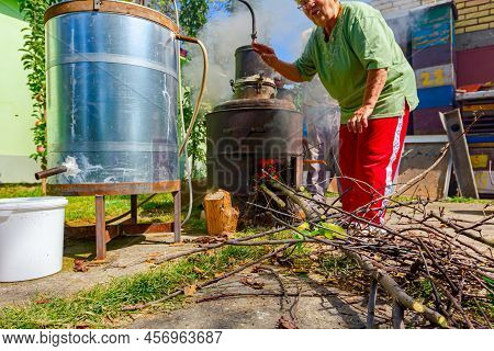 Grandma Throws Dry Branches Into The Firebox Of A Homemade Distillery Making Moonshine Schnapps, Alc