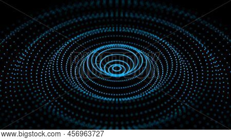 Digital Vibration And Sound Wave. Circle Pulse Wave With Points And Particles On The Dark Background