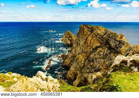 Seascape Of Atlantic Ocean And Asturias Rocky Coast At Cape Penas. Sea Shore With High Cliffs In Nor