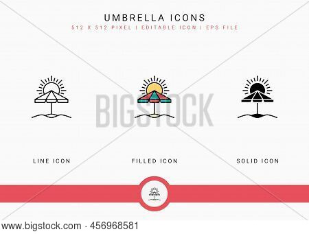 Umbrella Icons Set Vector Illustration With Solid Icon Line Style. Sunscreen Shield Concept. Editabl