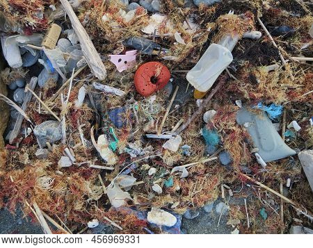Plastic Waste Washed On The Shore Of The Atlantic Ocean Mixed Together With Organic Beach Goods