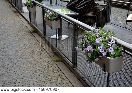 Ornamental Flower Pots On The Windows Of A Terraced House. Plastic Flower Pots With Beautiful Decora