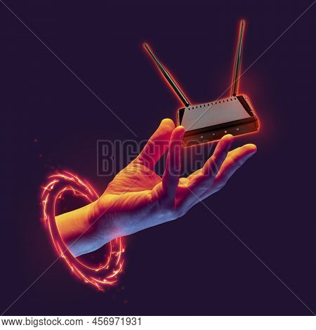 Contemporary Art Collage. Modern Design Work In Neon Trendy Colors. Human Hands With Modern Gadget O
