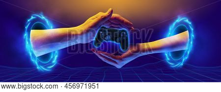 Contemporary Art Collage. Modern Design Work In Neon Trendy Colors. Human Hands With Modern Gadget O