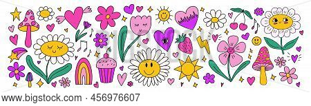Big Set Of Various Different Cute Kawaii Y2k Doodle Elements - Daisy Chamomile Flowers, Smile Face, 