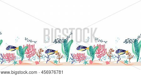 Fish Seamless Pattern With Corals, Starfishes And Shells.