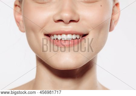 Closeup Female Lips, Cheeks And Nose Isolated Over White Studio Background. Concept Of Cosmetology, 