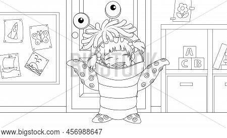 Vector Illustration, Cheerful Cute Child Dressed In A Monster Costume For A Holiday, Coloring Book.