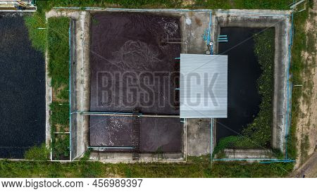 Water Recycling In Sewage Treatment Plant. Aerial View Of Waste Water Treatment
