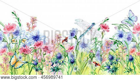 Meadow Colorful Flowers Board With Insects Watercolor Illustration Isolated.