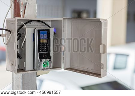 Finger Scan On Machine Security Concept And Safety. Soft Focus On Hand Scanning Finger On Machine Co