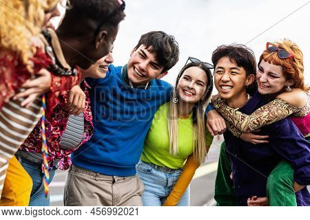 Happy Young Diverse Friends Having Fun Hanging Out Together - Youth People Millennial Generation Con