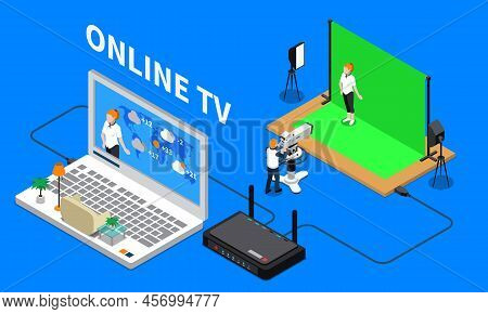 Telecommunication Isometric Composition With Television Programme Shooting And Online Streaming 3d V