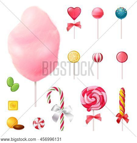Sweets Set Of Realistic Icons With Decorated Lollipops, Cotton Candy On Stick, Colorful Caramels Iso