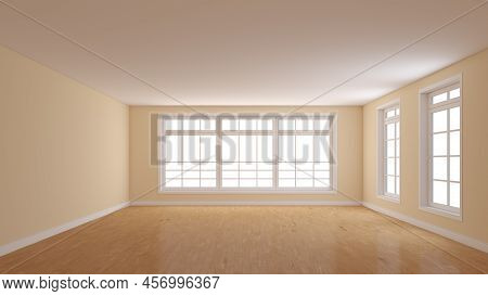 Unfurnished Empty Room With Beige Walls, Parquet Floor, White Plinth, Large Full Wall Window On The 