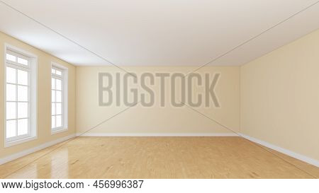 Unfurnished Empty Room With Light Beige Walls, Two Windows, Light Glossy Parquet Flooring And A Whit