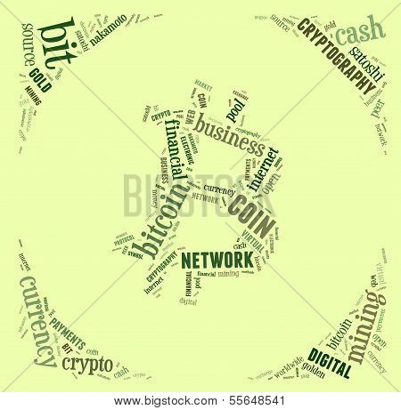 Bitcoin Logo Word Cloud With Green Wordings