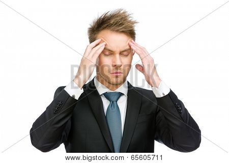 Half-length portrait of manager with closed eyes putting hands on head, isolated on white. Concept of headache and high temperature