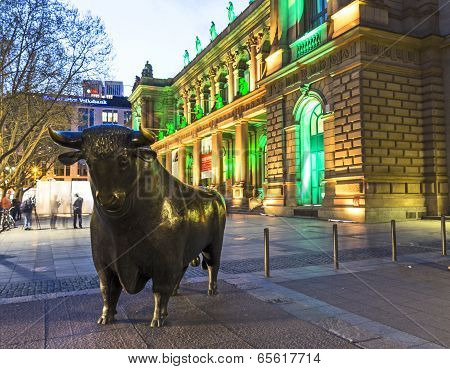 Illuminated  Stock Exchange By Night In Frankfurt