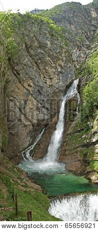 Savica waterfall near lake Bohinj in Triglav national park in Slovenia (vertical panorama)