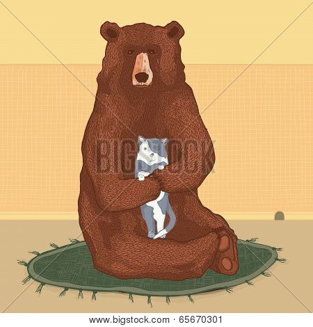 Brown Bear Hugging A Cat