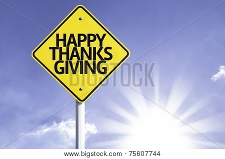 Happy Thanksgiving road sign with sun background 