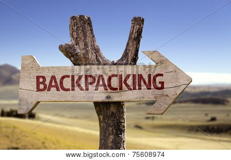 Backpacking wooden sign isolated on desert background