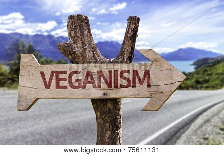 Veganism wooden sign with a street background