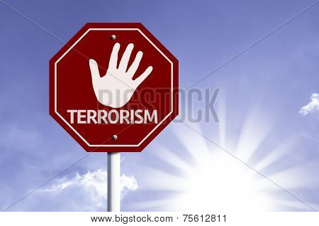 Stop Terrorism red sign with sun background 