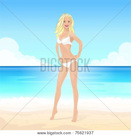 woman on summer beach, long leg blonde sexy girl