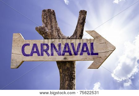 Carnival (In Portuguese) wooden sign on a beautiful day