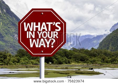 What's in Your Way? written on red road sign with landscape background