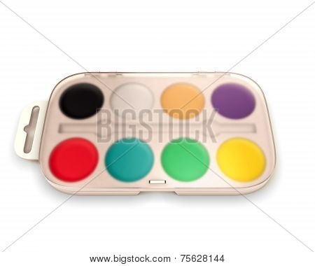 Set Of Watercolor Paints With Lid Closed.